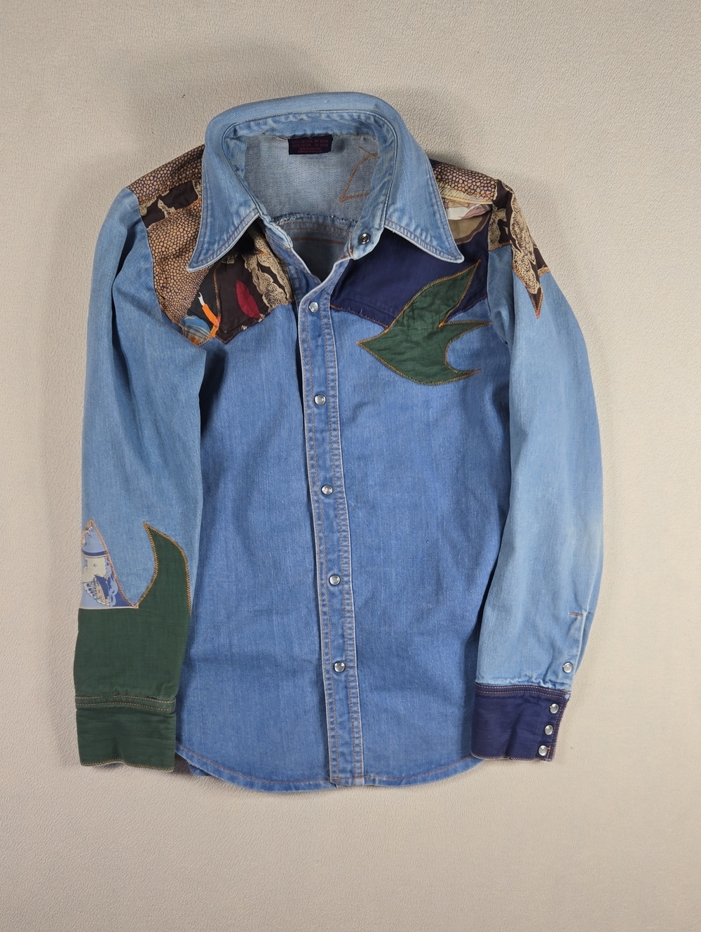 Brittania Light Blue Denim Western Patchwork Shirt with Green Accents